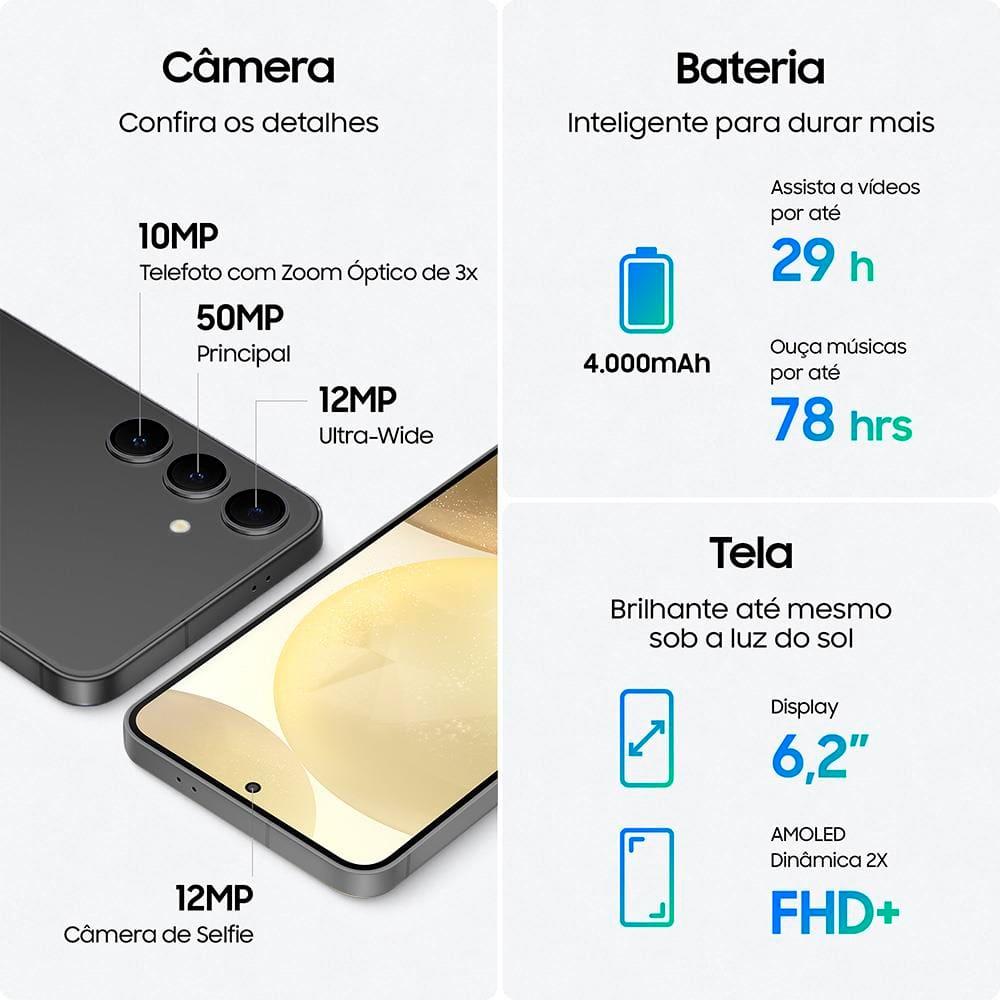 Smartphone Samsung Galaxy S24 5G Preto 256GB, Tela 6.2", 8GB RAM, Inteligência Artificial, IP68, Processador Exynos 2400, Câmera Tripla Traseira - 8