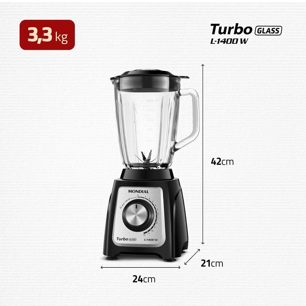 Liquidificador Mondial Turbo Glass L-1400 GI Preto/Inox 1400W com Jarra de Vidro - 7