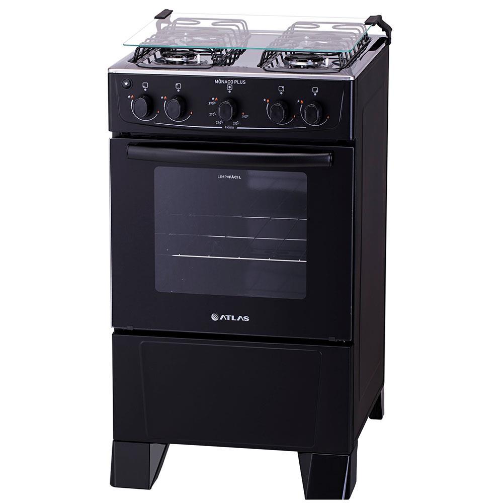 Fogão Atlas 4 Bocas Mônaco Plus com Mesa de Inox e Acendimento Automático Bivolt – Preto - 1