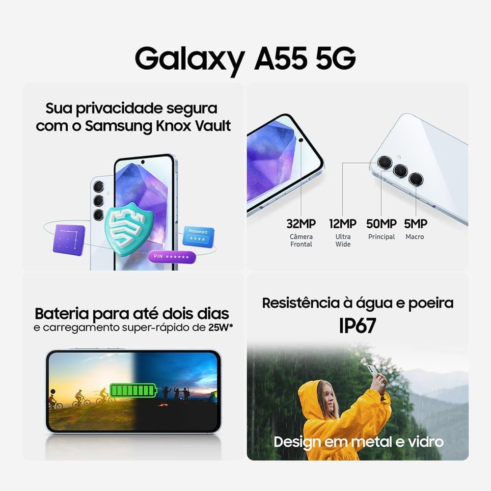 Smartphone Samsung Galaxy A55 5G 128GB Azul Claro, 8GB RAM, Câmera Tripla, Traseira de até 50MP, Selfie de 32MP e Tela Super AMOLED 6.6" - 5