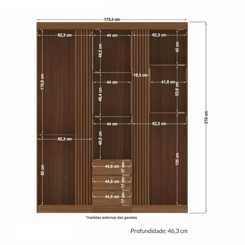 Guarda-roupa Santos Andirá Aurora 3 Portas 3 Gavetas 6 Prateleiras com Cabideiro Solteiro - 4