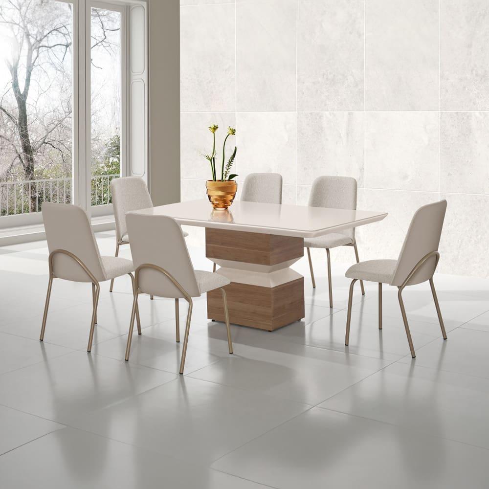 Mesa de Jantar Retangular Aço Nobre Aurora com Tampo de Vidro e 6 Cadeiras Estofadas - Champagne e Off White - 1