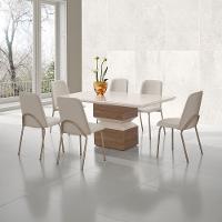 Mesa de Jantar Retangular Aço Nobre Aurora com Tampo de Vidro e 6 Cadeiras Estofadas - Champagne e Off White - 1