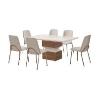 Mesa de Jantar Retangular Aço Nobre Aurora com Tampo de Vidro e 6 Cadeiras Estofadas - Champagne e Off White