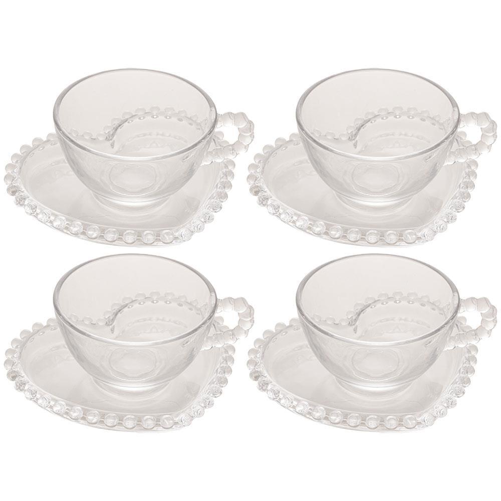 Conjunto com 4 Xícaras e Pires para Chá Wolff Pearl Coração em Cristal - 180 ml - 1