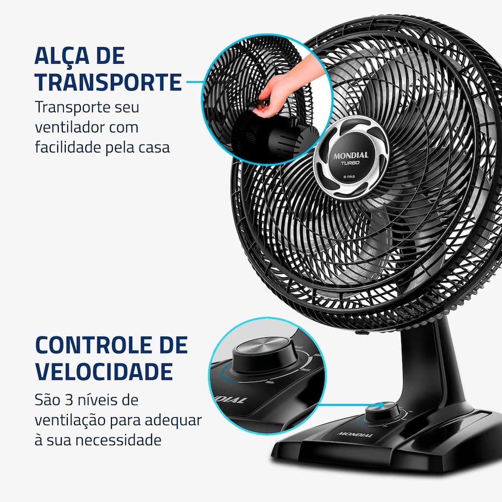 Ventilador de Mesa Mondial Turbo NVT408PB 40cm 8 Pás 3 Velocidades Preto/Prata - 12