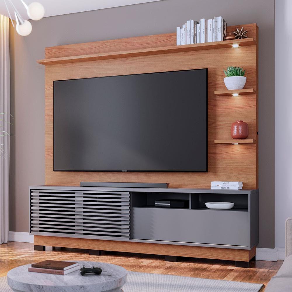 Estante Home Colibri Campeche com Porta Deslizante, Spots de Led, 200 cm de Largura, Ideal para TV de Até 70” - 2