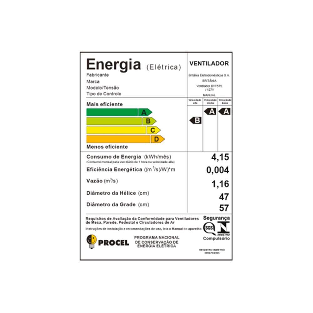 Ventilador de Parede Britânia BVT575 Maxx Force 47cm com 3 Velocidades, 6 Pás e 176W - Preto - 7