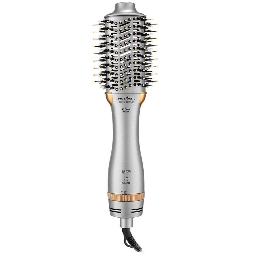 Escova Secadora Britânia Compact BES33SD com Cabo Giratório 1300W Bivolt - Prata e Dourada - 1