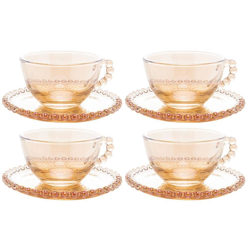Conjunto com 4 Xícaras e Pires para Chá Wolff Pearl em Cristal Âmbar - 180 ml - 1