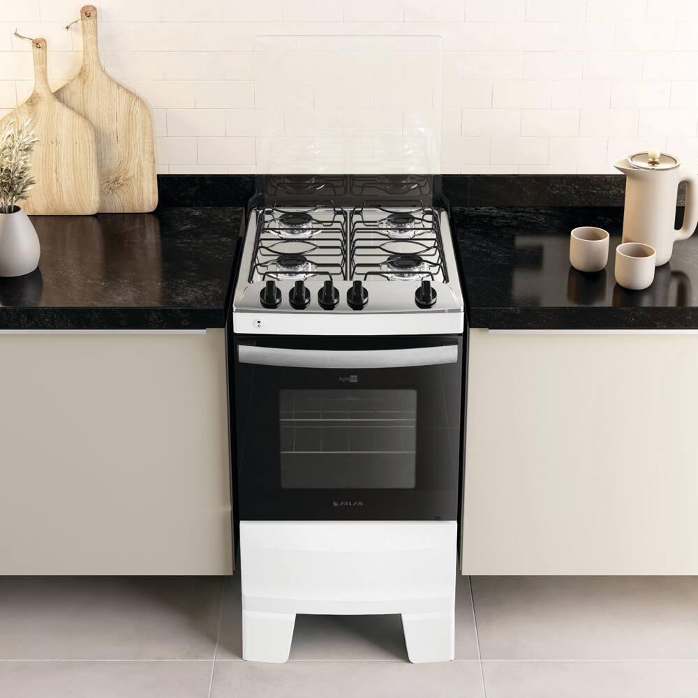 Fogão Atlas 4 Bocas Agile Up com Mesa de Inox, Grade Dupla no Forno e Acendimento automático Bivolt - Branco - 4