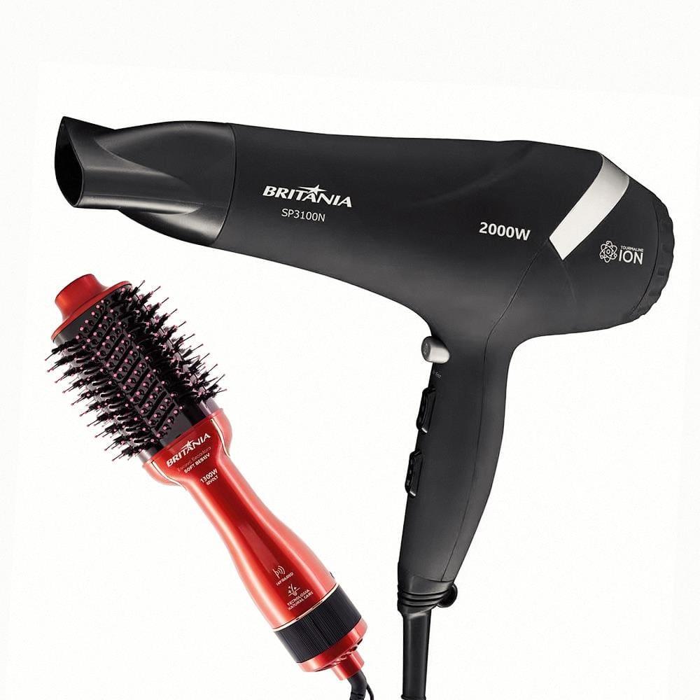 Escova Secadora Britânia Soft BES12 Luz Infrared 1300W - Vermelha/Preta + Secador de Cabelos Britânia SP3100 2000W - Preto - 1