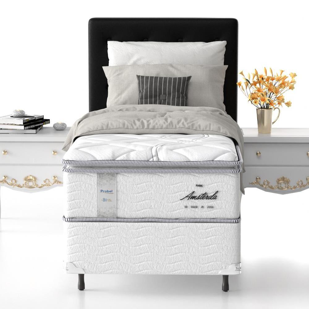 Cama Box de Solteiro Probel Amsterdã com Pillow Top e Molas Ensacadas 72x88x188cm - Branco/Preto - 1
