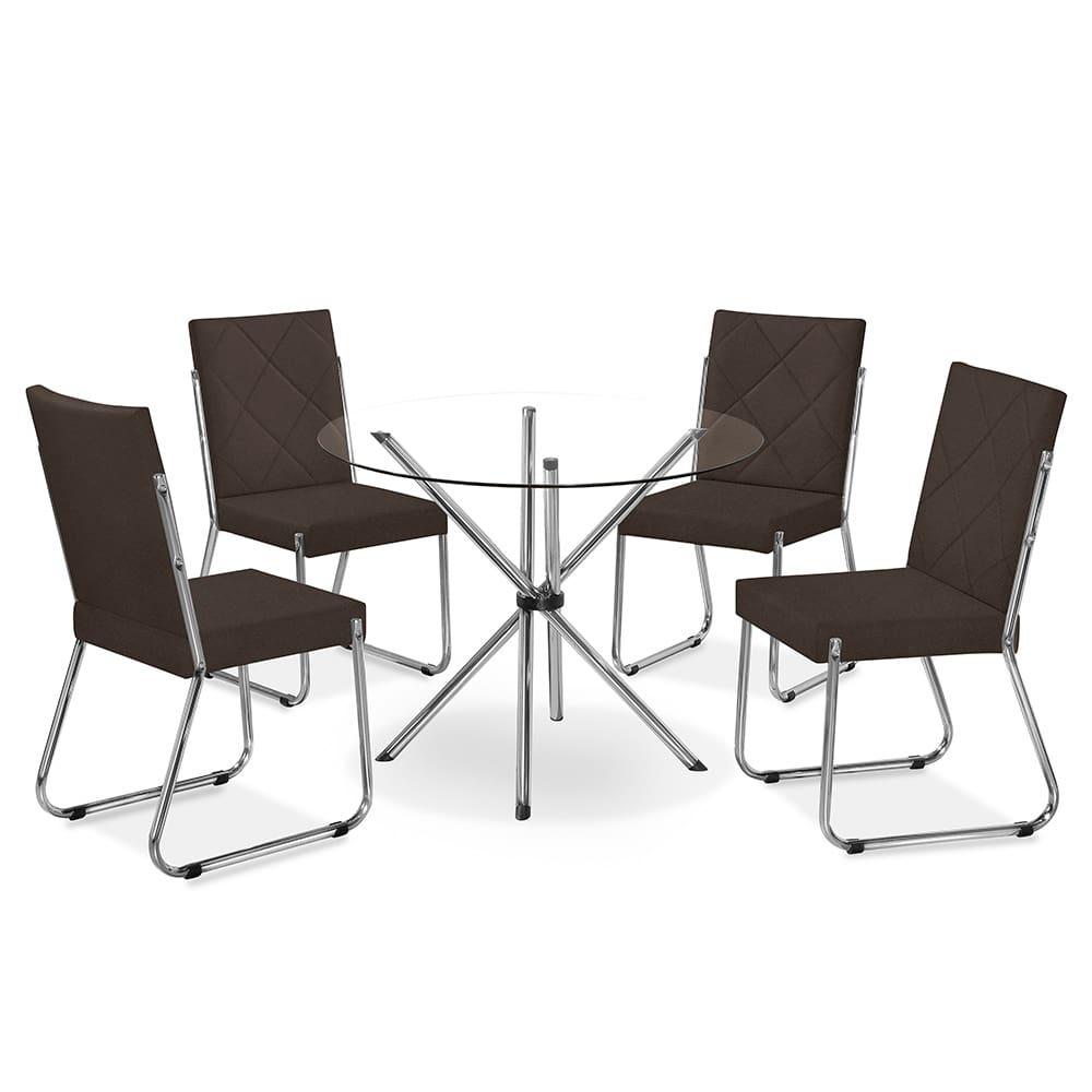 Mesa de Jantar Aço Nobre Leticia com Tampo de Vidro e 4 Cadeiras Liz com Assento Estofado Revestido em Suede - 1