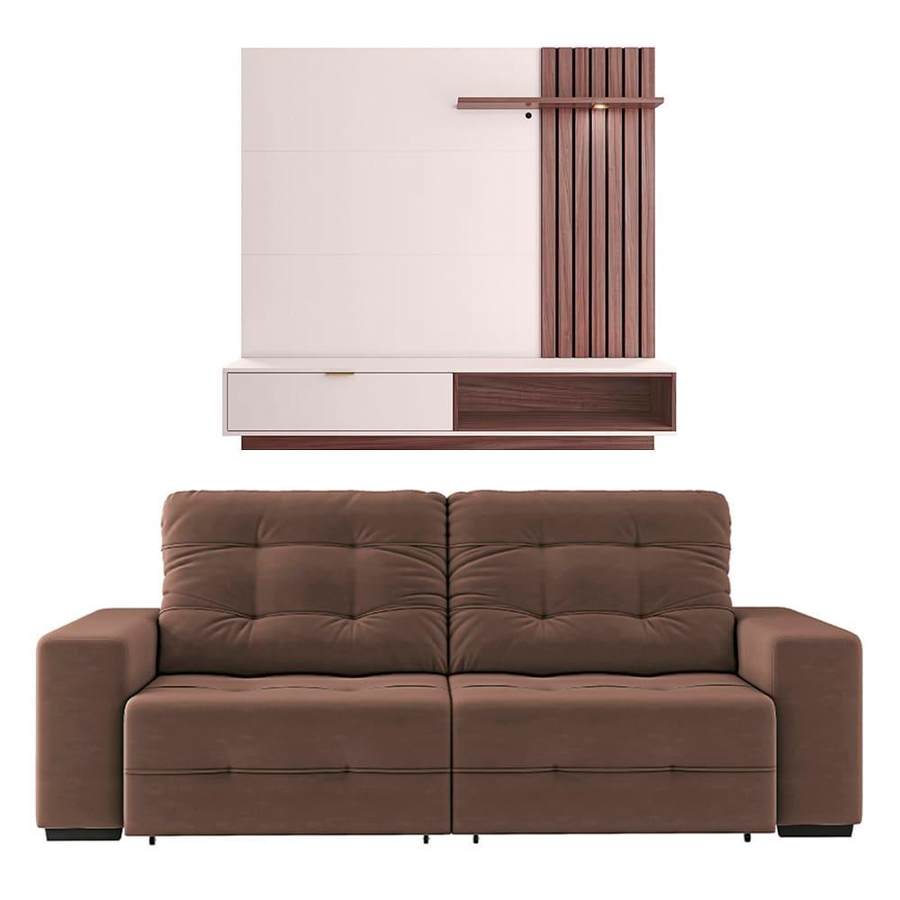 Sofá 4 Lugares Linoforte Bonno Retrátil - 230 cm de Largura + Painel Home Suspenso Colibri Tocantins com 160 cm de Largura, Ideal para TVs de até 60" - 1