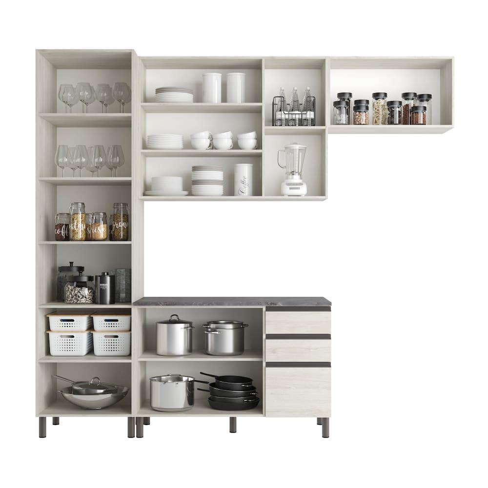 Cozinha Compacta Bartira Cristal com 8 Portas, 3 Gavetas e 9 Prateleiras - 260cm de Largura - 3