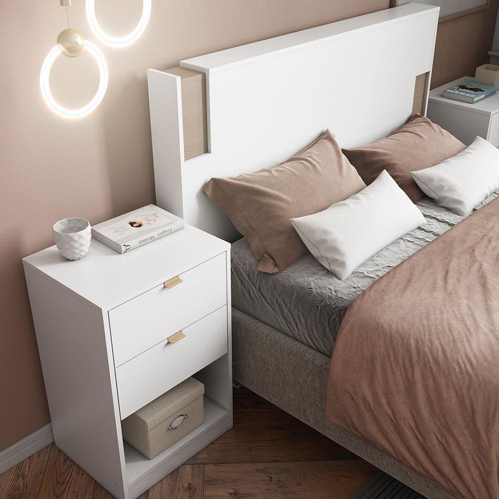 Cabeceira para Cama Box Casal e Queen Bartira Diplomata com Revestimento em Pintura UV + Mesa Bartira Diplomata com 2 Gavetas - Branco/Avelã - 2