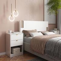 Cabeceira para Cama Box Casal e Queen Bartira Diplomata com Revestimento em Pintura UV + Mesa Bartira Diplomata com 2 Gavetas - Branco/Avelã