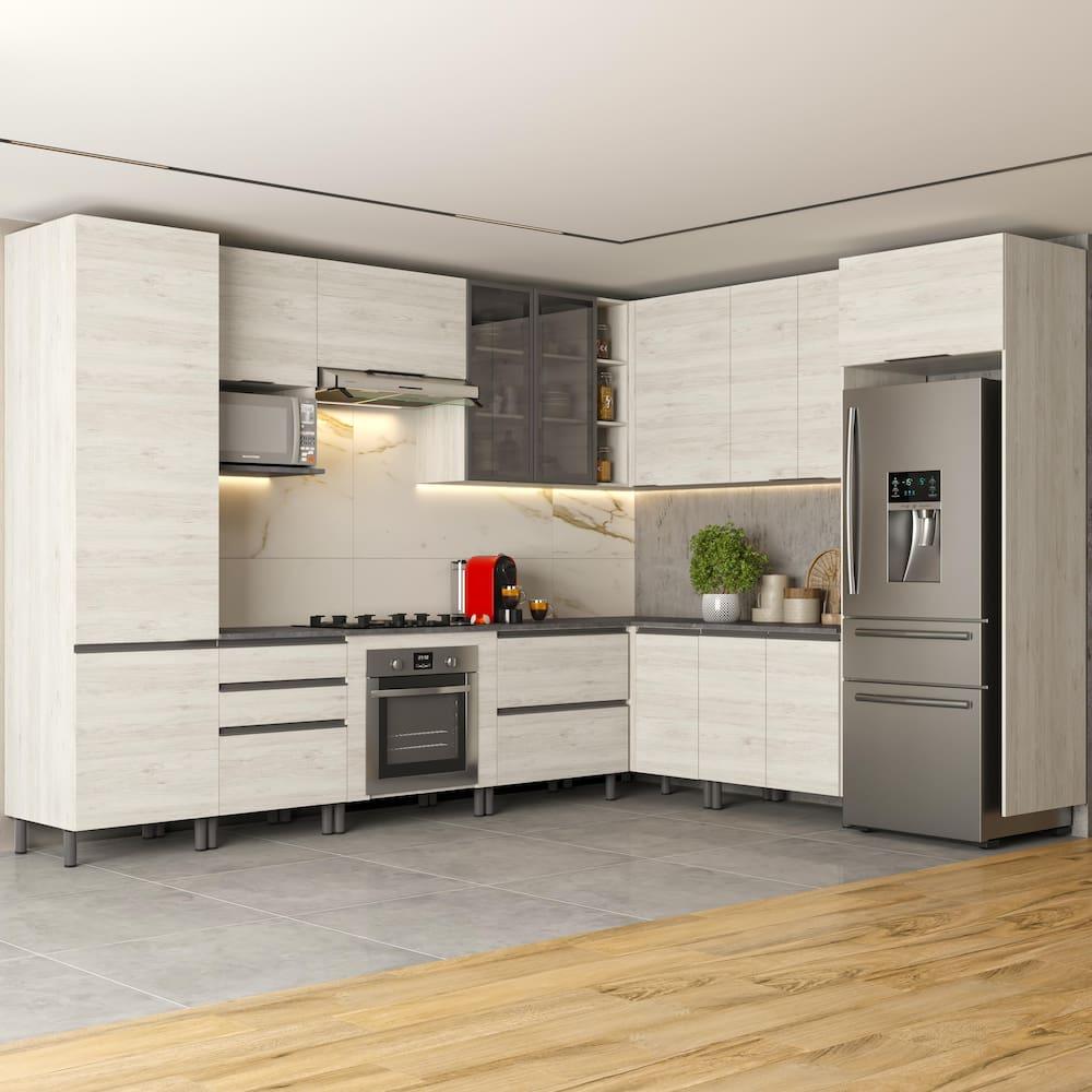 Cozinha Bartira Cristal com 13 Portas, 5 Gavetas, 13 Prateleiras e Nicho para Forno e Micro-ondas - 762,8cm de Largura - 1