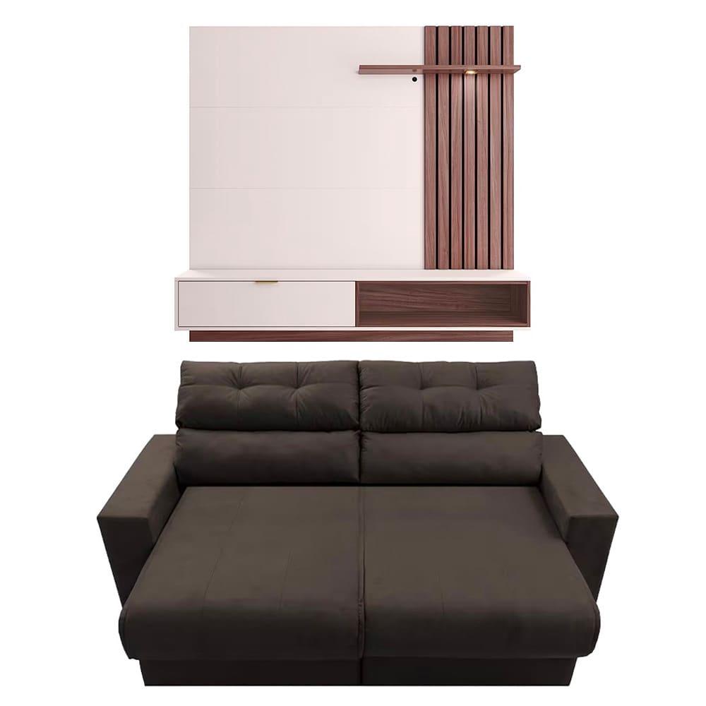 Sofá 3 lugares Cama Inbox Clean Reclinável - 190 cm de largura + Painel Home Suspenso Colibri Tocantins com 160 cm de largura para TVs de até 60" - 1