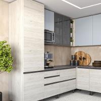 Cozinha Bartira Cristal com 14 Portas, 3 Gavetas, 13 Prateleiras e Nicho para Micro-ondas - 301,8cm de Largura