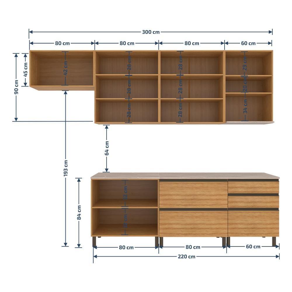 Cozinha Completa Bartira Cristal com 10 Portas, 5 Gavetas, 9 Prateleiras e Bancada Gourmet - 300cm de Largura - 9