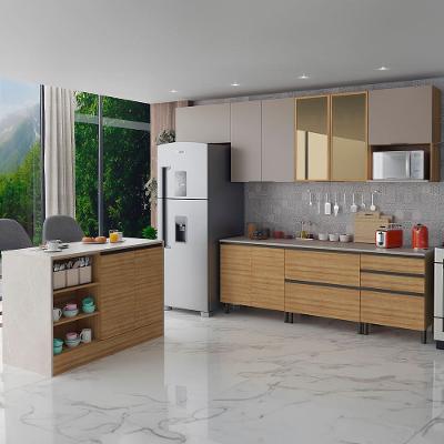 Cozinha Completa Bartira Cristal com 10 Portas, 5 Gavetas, 9 Prateleiras e Bancada Gourmet - 300cm de Largura