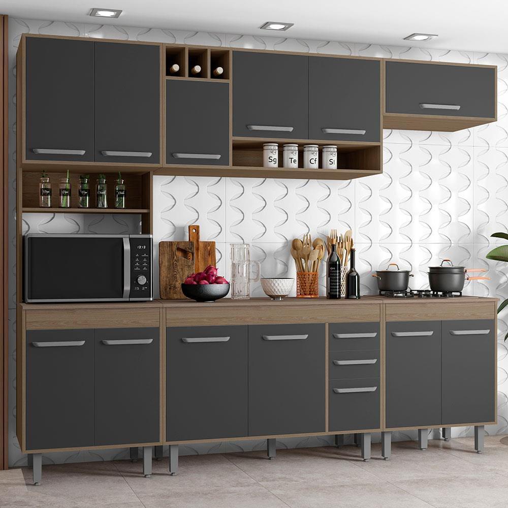 Cozinha Compacta Poliman Barcelona com 13 Portas, 2 Gavetas, 5 Prateleiras e Nicho para Micro-ondas - 258cm de largura - 1