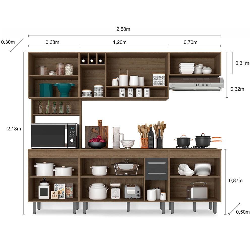 Cozinha Compacta Poliman Barcelona com 13 Portas, 2 Gavetas, 5 Prateleiras e Nicho para Micro-ondas - 258cm de largura - 4
