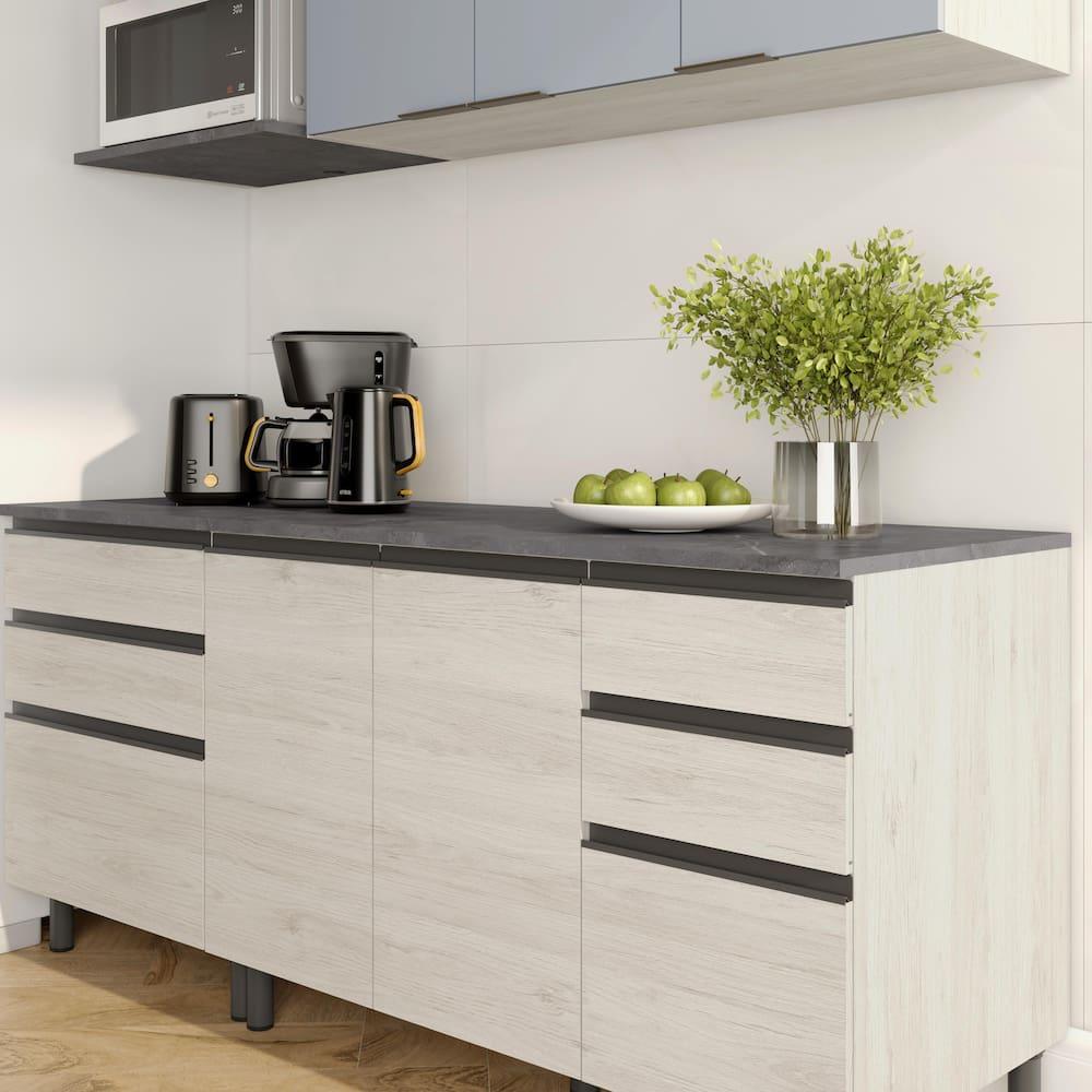 Cozinha Bartira Cristal com 7 Portas, 6 Gavetas, 4 Prateleiras e Nicho para Micro-ondas - 260cm de Largura - 2