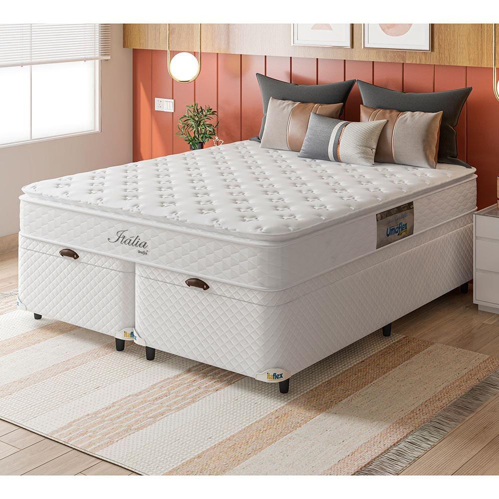 Cama Box Queen Size com Colchão Umaflex Itália e Base Itaflex Universal com Pillow Top, Molas Ensacadas e Baú - Branco - 1