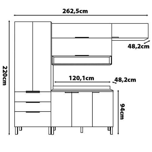 Cozinha Compacta Bartira Topázio UP com 8 Portas, 3 Gavetas e 5 Prateleiras - 262,5cm de largura - 5