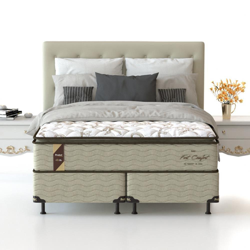 Cama Box King Size Probel Fort Comfort com Pillow Top e Molas Prolastic 72x193x203cm - Branco/Bege - 1