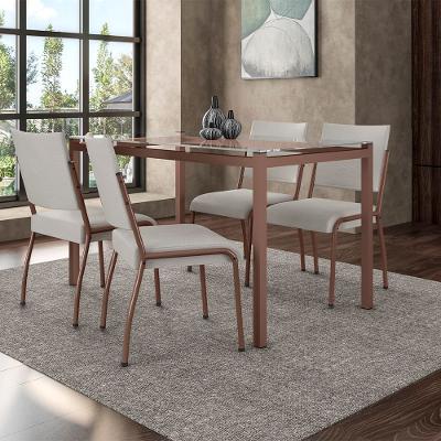 Mesa de Jantar Retangular Fabone Alexa com Tampo de Vidro de 140X80cm com 4 Cadeiras de Jantar Fabone Dora Revestimento em Courino