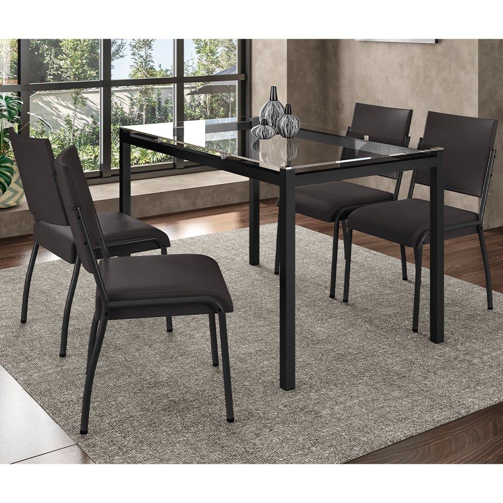 Mesa de Jantar Retangular Fabone Alexa com Tampo de Vidro de 140X80cm com 4 Cadeiras de Jantar Fabone Dora Revestimento em Courino - 1