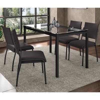 Mesa de Jantar Retangular Fabone Alexa com Tampo de Vidro de 140X80cm com 4 Cadeiras de Jantar Fabone Dora Revestimento em Courino