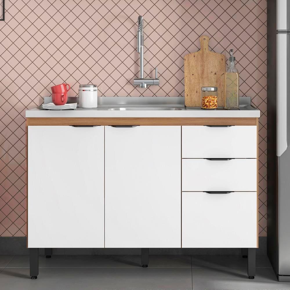 Balcão Demóbile Firenze com 3 Portas, 2 Gavetas e 1 Prateleira + Pia para Cozinha Ghelplus King com Válvula - 120x53cm - 1