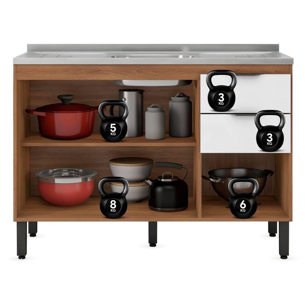 Balcão Demóbile Firenze com 3 Portas, 2 Gavetas e 1 Prateleira + Pia para Cozinha Ghelplus King com Válvula - 120x53cm - 7