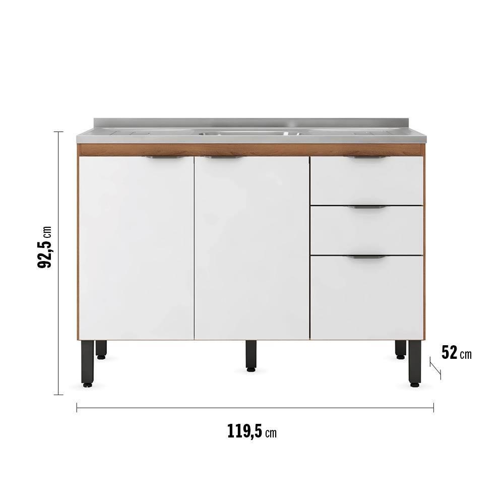 Balcão Demóbile Firenze com 3 Portas, 2 Gavetas e 1 Prateleira + Pia para Cozinha Ghelplus King com Válvula - 120x53cm - 8