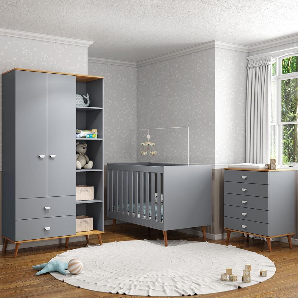 Guarda-Roupa Bartira Ternura com 5 Nichos, 2 Portas, 2 Gavetas + Cômoda Ternura com 5 Gavetas + Berço Móveis Estrela Ternura - 1