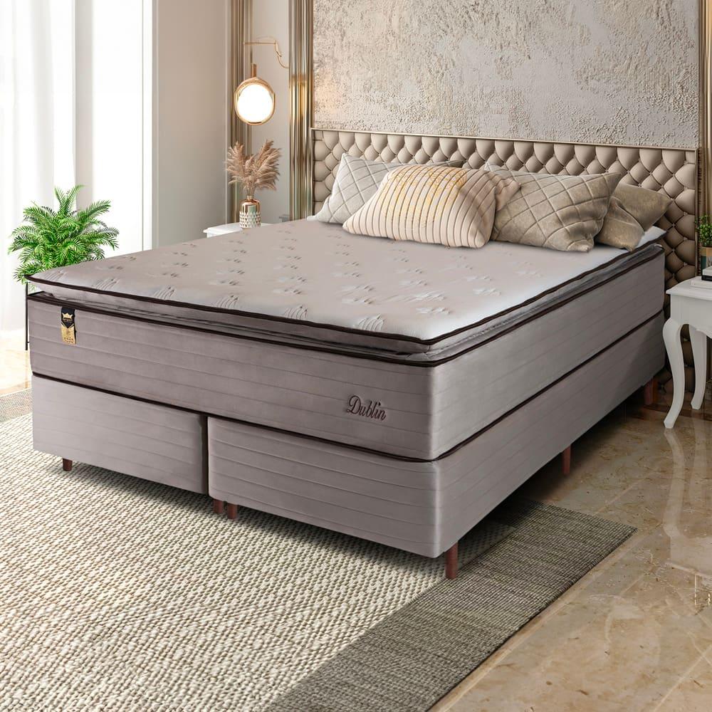 Cama Box Bipartida King Size Hellen Dublin Linho com Molas Ensacadas e Espuma D26 66x193x203 cm - Bege - 1