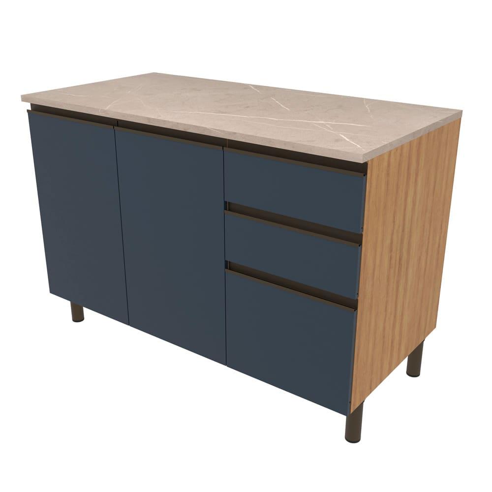 Balcão Bartira Cristal em MDP com 2 Portas e 3 Gavetas, 120,1cm de largura - Lâmina de Mel/Azul Royal - 1