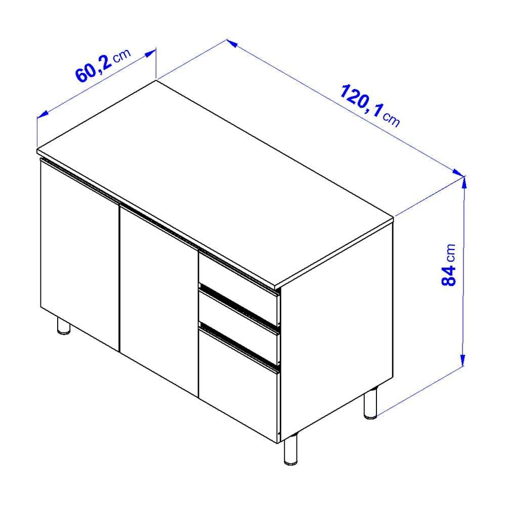 Balcão Bartira Cristal em MDP com 2 Portas e 3 Gavetas, 120,1cm de largura - Lâmina de Mel/Azul Royal - 4