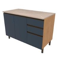 Balcão Bartira Cristal em MDP com 2 Portas e 3 Gavetas, 120,1cm de largura - Lâmina de Mel/Azul Royal - 1