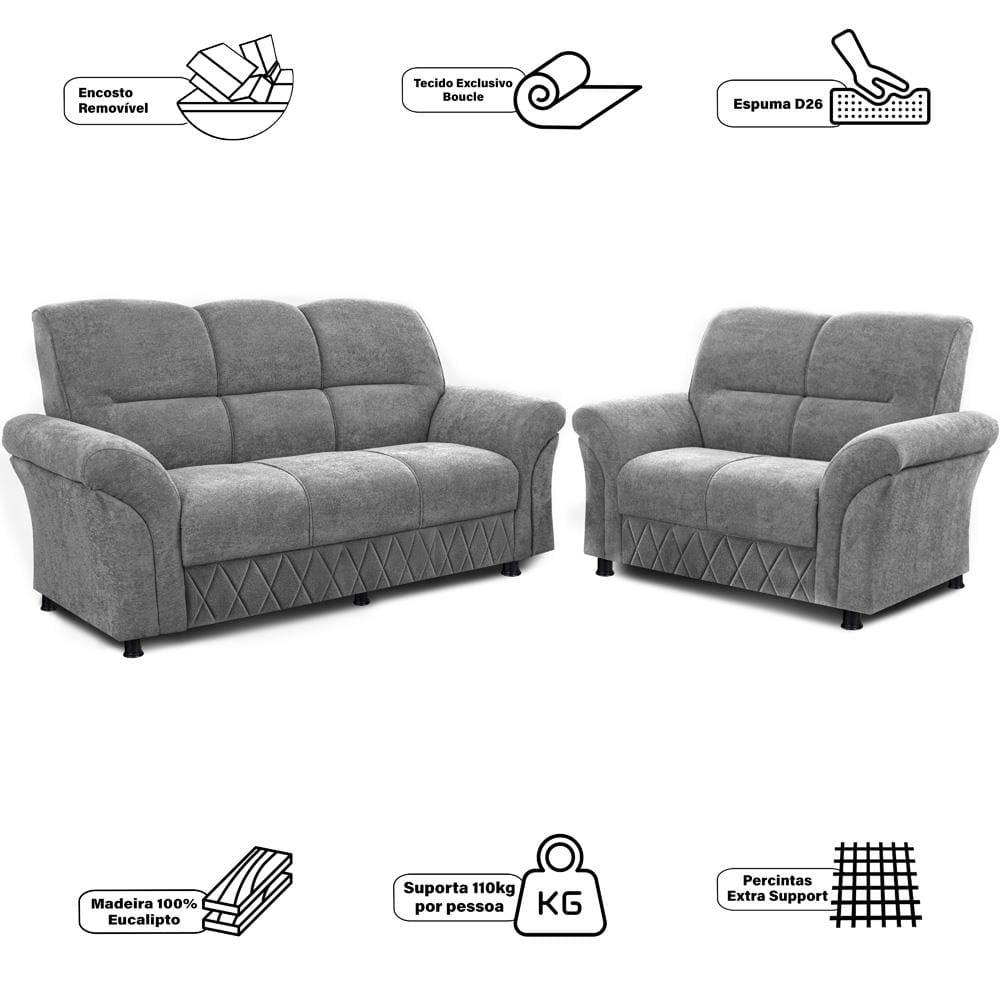 Sofá de 3 e 2 Lugares Cama inBox Mourato com 187cm e 140cm de Larguras e Revestidos em Bouclé - 6