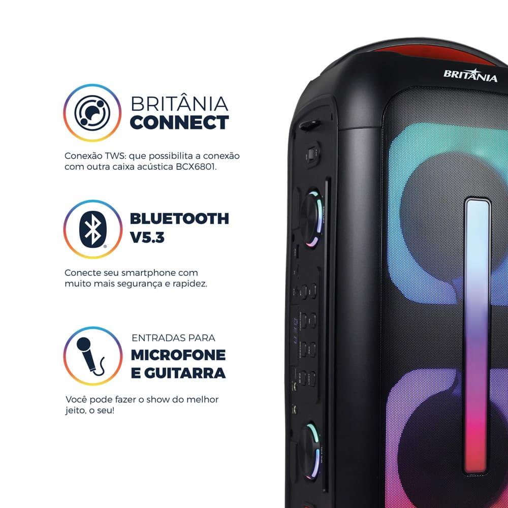 Caixa de Som Britânia BCX6801 com Bluetooth, Iluminação LED, Alça de transporte, Controle Remoto e até 12h de bateria - 650W - 8