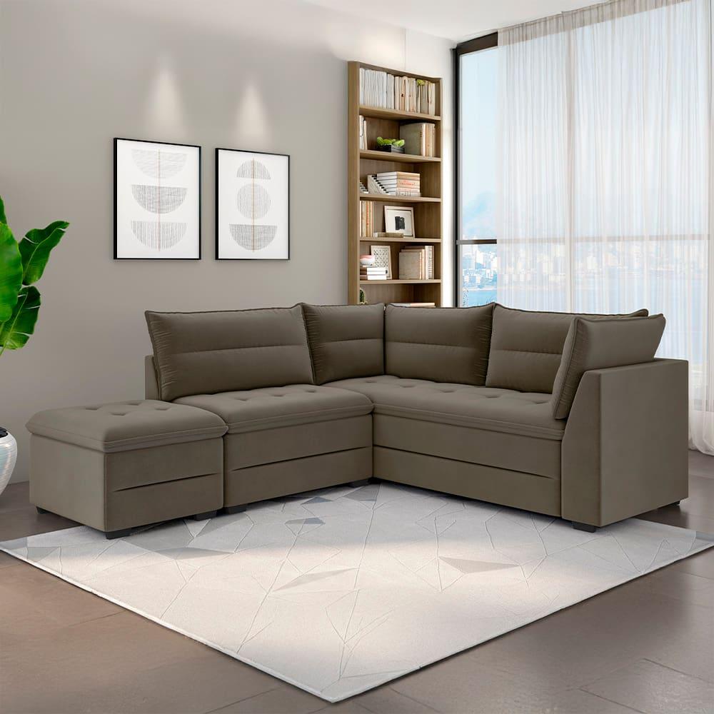 Sofá Modular de Canto 4 Lugares Luizzi Quebec com Pufe e Revestimento em Suede – 408cm de Largura - 1