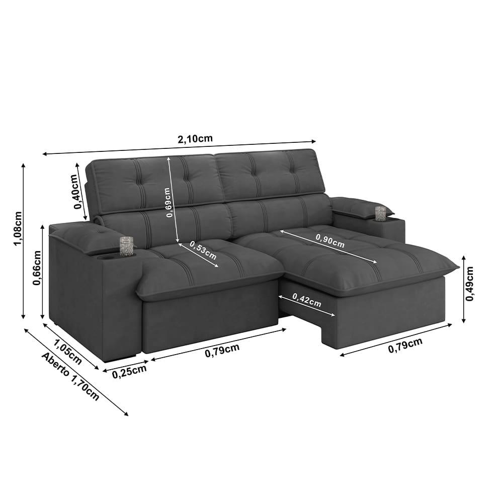 Sofá 3 Lugares Luizzi Liverpool Slim com Assento Retrátil e Reclinável, Revestido em Suede - 210cm de Largura - 7