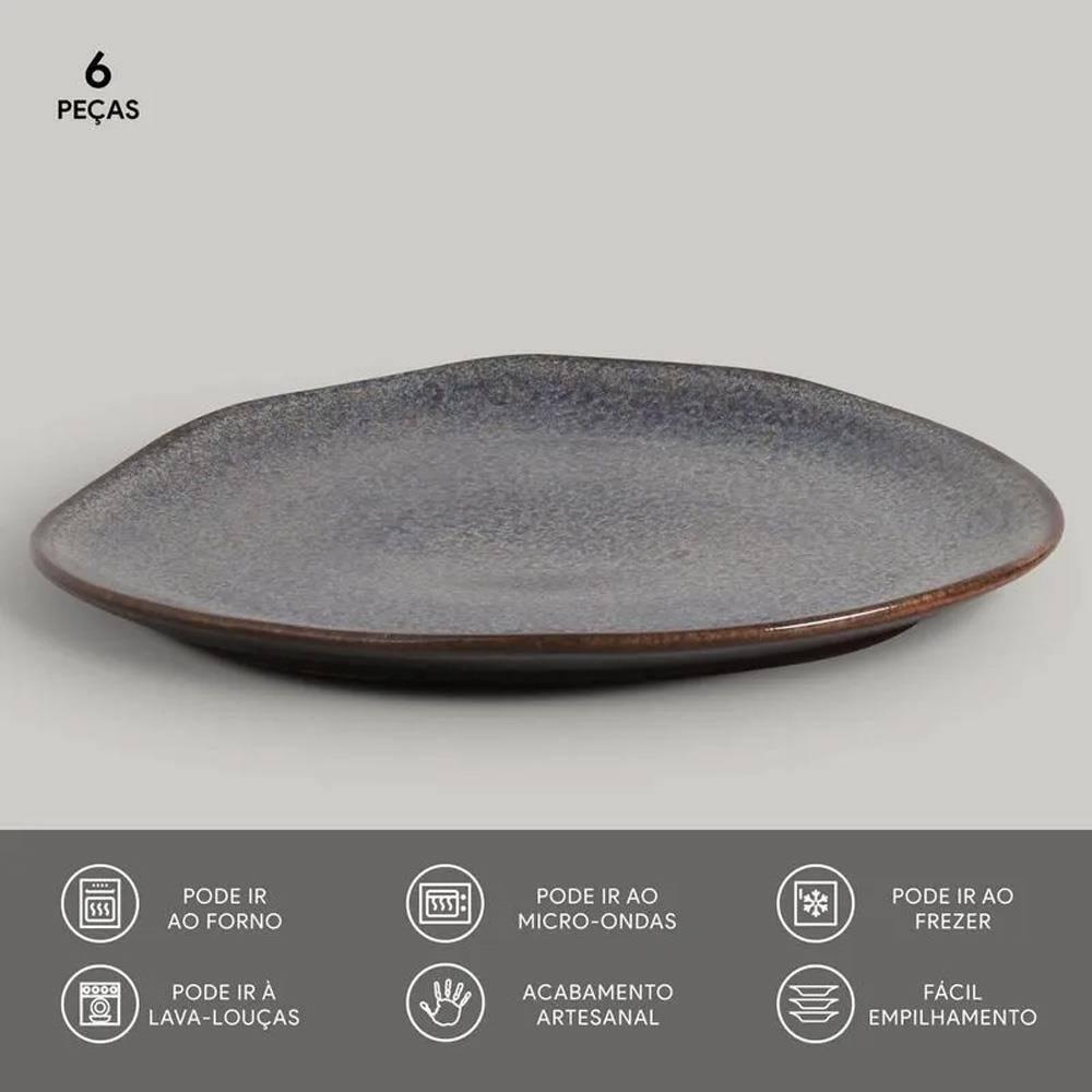 Conjunto de Pratos Rasos Ovais Porto Brasil Orgânico Titanium Azul Escuro 31cm - 6 Peças - 3