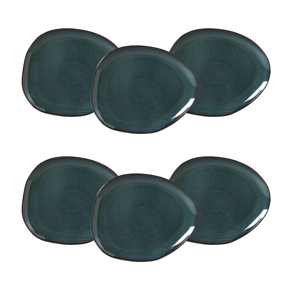Conjunto de Pratos Rasos Ovais Porto Brasil Orgânico Oceano Azul 31cm - 6 Peças - 1